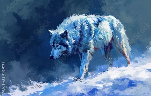 a painting of a wolf walking across a snow covered field in front of a dark blue sky with a white and red stripe on it's head and tail.