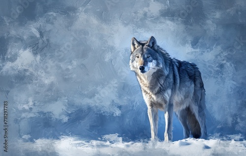 a wolf standing in the snow in front of a blue and white background with snow flakes on the ground and the wolf's head is looking at the camera. © Jevjenijs