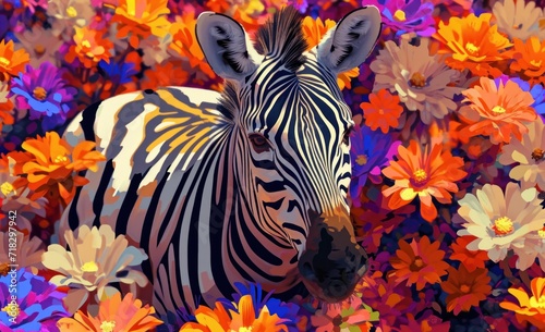  a close up of a zebra in a field of flowers with red  orange  yellow  and purple flowers in the foreground and a blue sky in the background.
