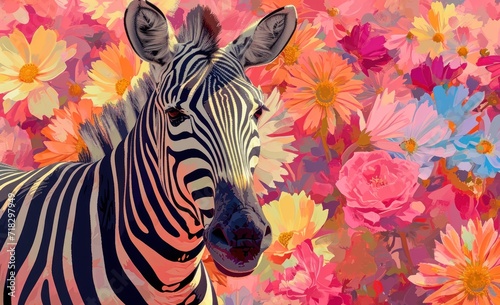  a painting of a zebra standing in front of a field of flowers with pink  yellow  and blue flowers in the foreground and pink  yellow  orange  pink  and white  and pink flowers in the background.
