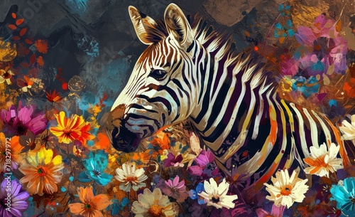  a painting of a zebra standing in a field of wildflowers and daisies with a background of black and white  red  yellow  orange  and purple  and pink flowers.
