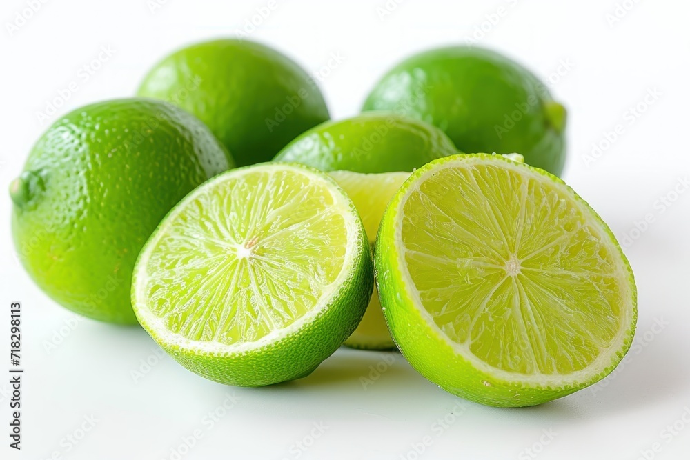 Fresh lime fruit harvest on white background, sliced open