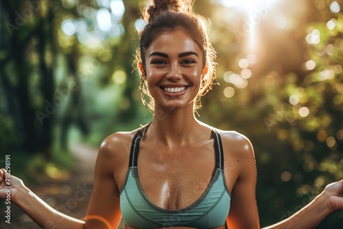 A confident woman exudes joy as she poses amidst the lush greenery, her toned abdomen and arms on display in a sleeveless active tank and swimwear, radiating a sense of strength and femininity photo