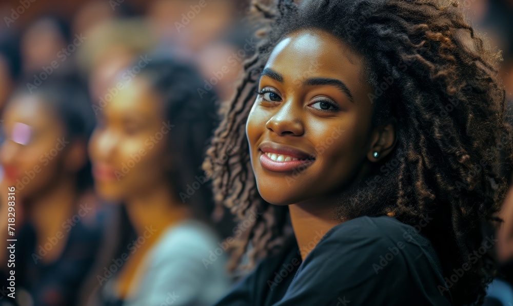 A joyful woman with a beautiful smile stands out in a lively outdoor crowd, showcasing her unique style with her dreadlocks and jheri curl