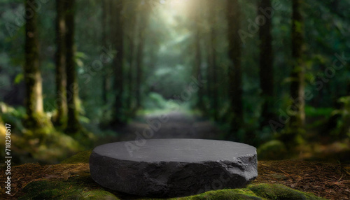 Flat stone podium in the magical forest, empty round stand background