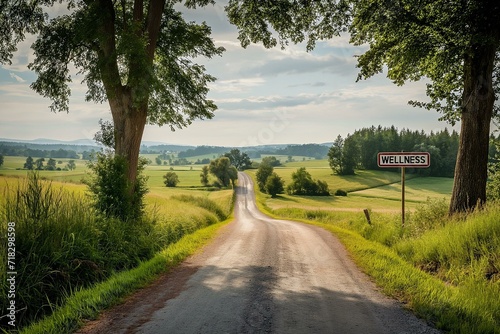 Rustic Road Leading to Wellness Sign Amidst Lush Countryside