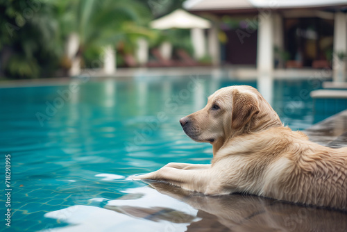 Portrait of a realistic happy dog with sunglass, holiday summer vacation relax vibe concept. Funny dog with sunglasses on summer towards swimming pool. Cute Dog Wearing Glasses, Vacation Dog