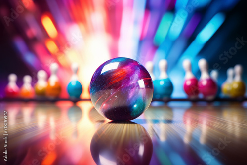 A radiant bowling ball illuminates a vibrant dance of colours, casting reflections on a glossy surface amidst an array of skittles other balls