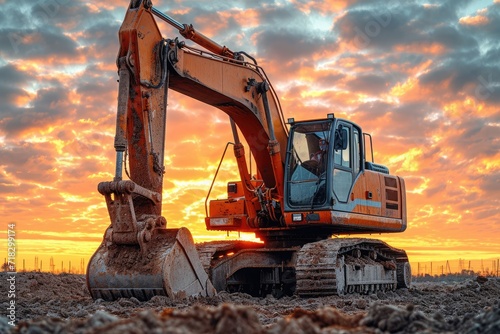 Excavator machine on a dirt terrain at sunset