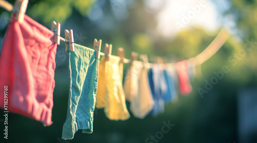 Towels and linens drying on a rope outside, blurry background. Lifestyle. Eco concept. Background for banners, posters, wallpaper, advertising. With copy space photo