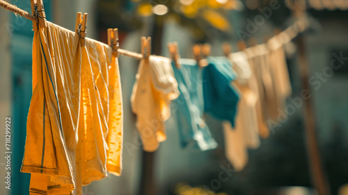Towels and linens drying on a rope outside, blurry background. Lifestyle. Eco concept. Background for banners, posters, wallpaper, advertising. With copy space photo