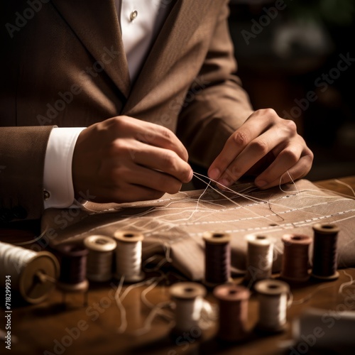 Close-up of a tailor's hands sewing a button onto a stylish suit jacket, with spools of thread and needles nearby  © cff999