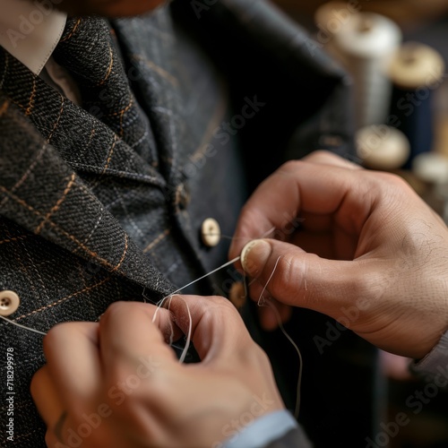 Close-up of a tailor's hands sewing a button onto a stylish suit jacket, with spools of thread and needles nearby 