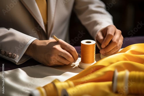 Close-up of a tailor s hands sewing a button onto a stylish suit jacket  with spools of thread and needles nearby 