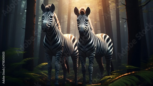 Two zebras in the dark forest.