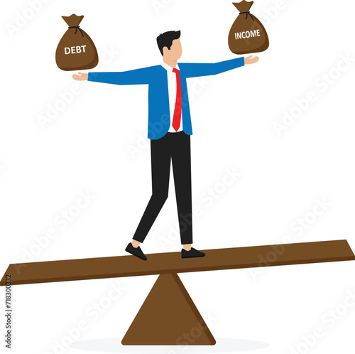 Debt burden and financial obligations or loan repayments. Balance between income and liabilities. Asset or income management. Businessman carrying debt on seesaw. vector illustration.
