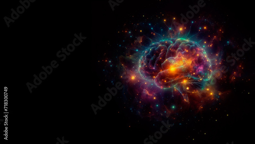 Abstract brain in space. Concept of intelligence and creativity. The fusion of human thought with the infinite universe.