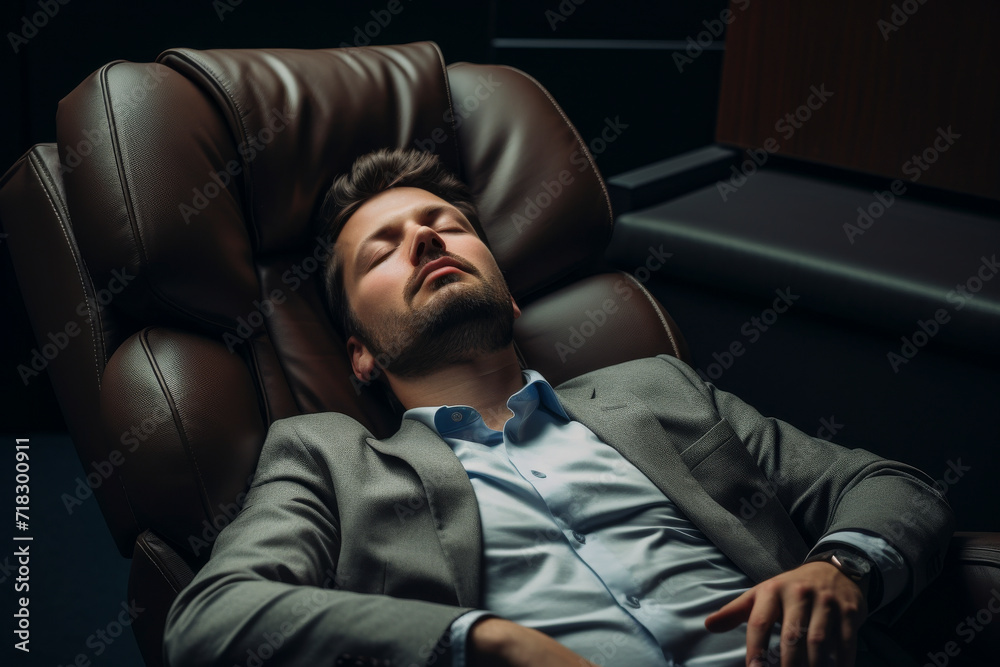 Man's world. A man in shirt and jacket, lounges in a leather chair, embodying the essence of relaxation and leisure Man's world. A man in shirt and jacket, lounges in a leather chair, embodying the essence of relaxation and leisure