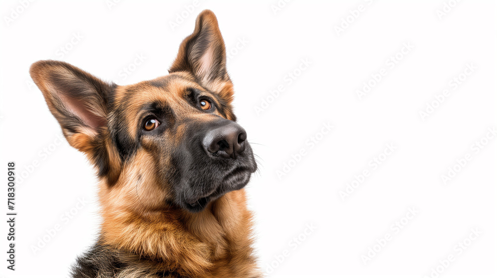 Cute German shepherd tilting its head (isolated on white), with copy space on the right