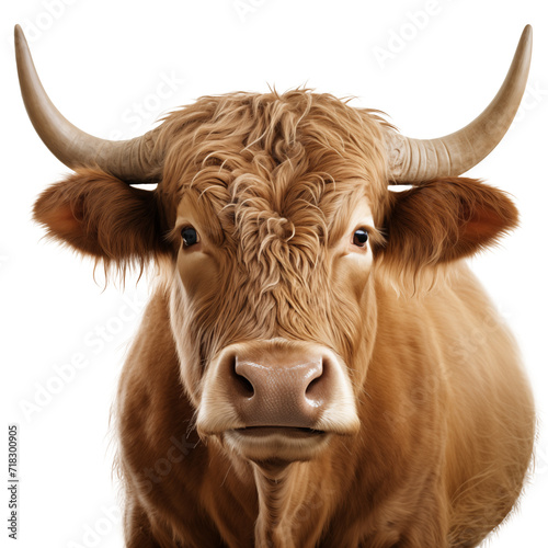 bull looking at the camera close up on a white isolated background.