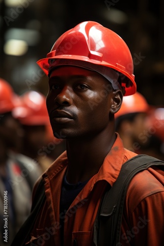 A poignant portrait of a worker in a red hard hat, his gaze piercing through the anonymity of uniformity, highlighting the individual among the collective