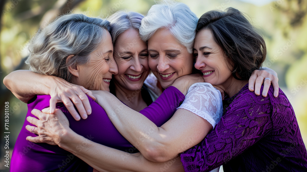 Four 40-50 year old women in purple and white top hugging each other for menopause supplement advertisement