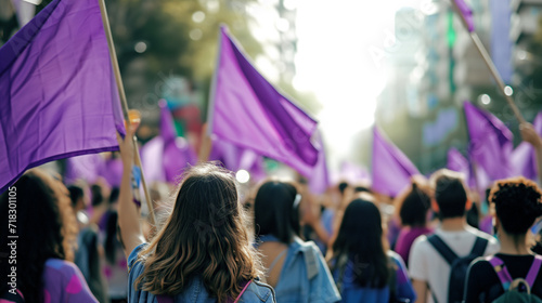 Women protesting with purple flags in a city avenue photo