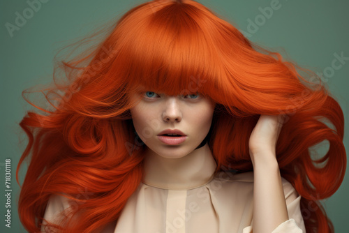 Captivating image featuring a vibrant red-haired woman with an elegant long fringe  gracefully engaging with her glossy  voluminous hair