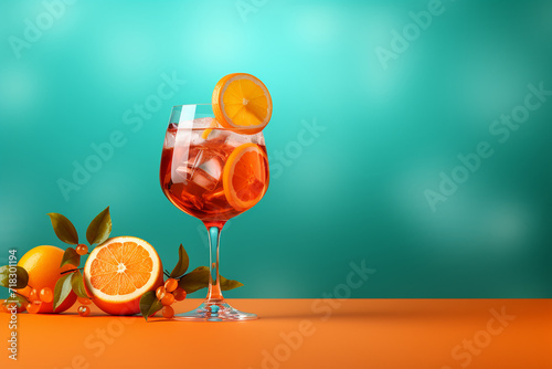 Refreshing citrus drink in a glass with ice and orange slices. photo