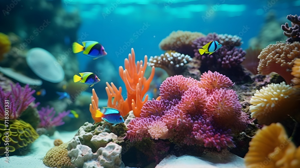 Fototapeta premium Coral and fish in the aquarium. Beautiful underwater world with corals and tropical fish.