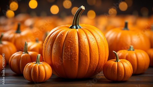 Autumn celebration pumpkin lanterns glow in spooky Halloween night generated by AI