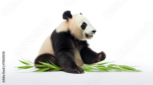  a black and white panda bear sitting on top of a green leafy plant on a white background in front of a white backdrop.