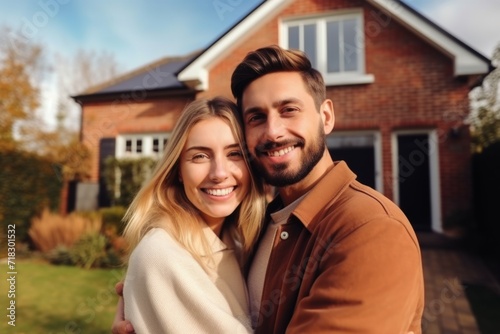 Cute family portrait wide smiling happy Caucasian elegant couple young man woman female male husband wife hugging posing looking camera outside bought new luxury house home. Real estate owners housing