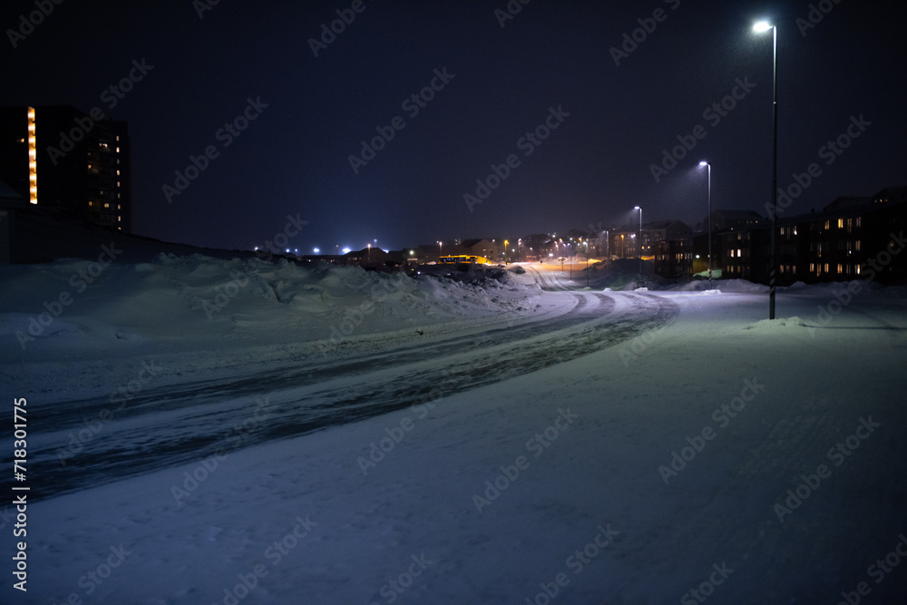 Night view of a road in Nuuk, during the Arctic winter - Greenland