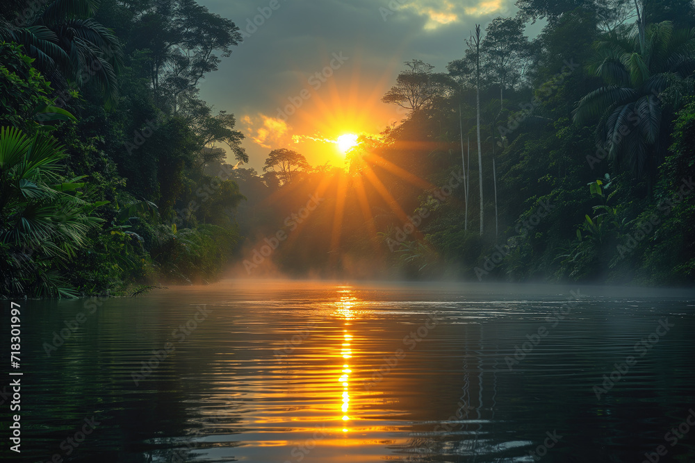 sunrise in a foggy tropical rainforest during river flood sunrise in a foggy tropical rainforest during river flood