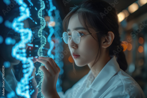 young asian woman working with futuristic transparent interface