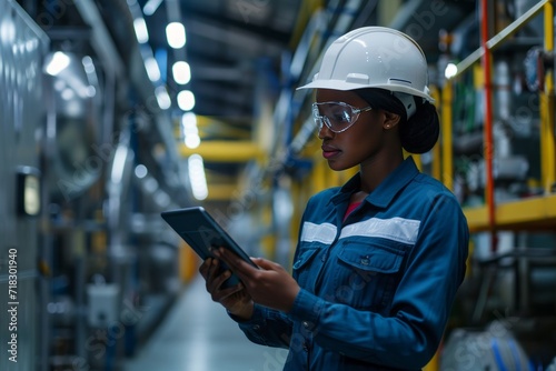 Dark-skinned female service engineer in uniform and safety helmet inspects HVAC systems at a factory using a tablet for production checks generative ai © Gilang
