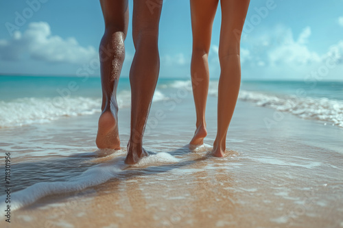 legs of a couple walking along the beach in the surf
