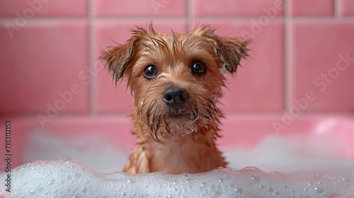 Pomeranian dog bathing in pink bathtub at home, work from home, take care your pet at house, spa for animal by myself concept, funny face dog ear up look forward