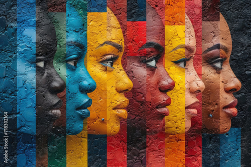 background, mural with colorful faces symbolizing unity and diversity photo