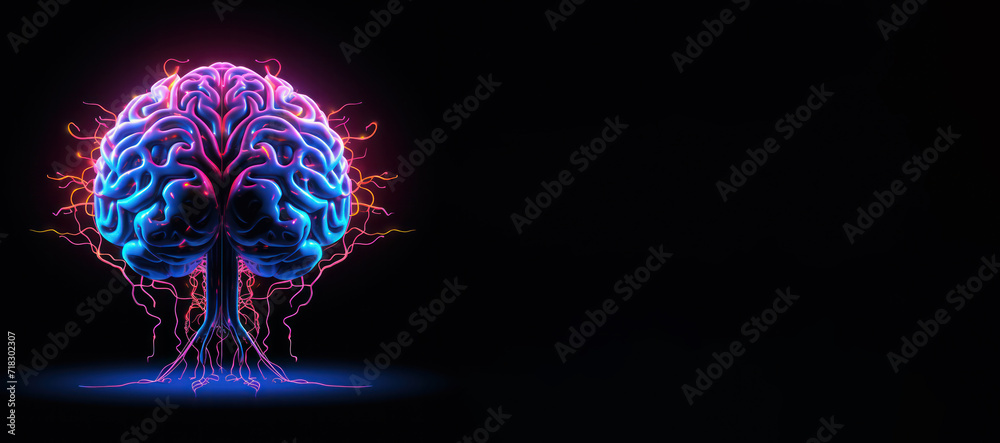 brain silhouette in pink blue neon color light isolated on black background banner copy space right. Learning and education. Technology, business, logic and creativity. AI concept. brain silhouette in pink blue neon color light isolated on black background banner copy space right. Learning and education. Technology, business, logic and creativity. AI concept.