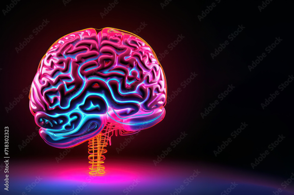 brain 3d render in pink blue neon color light isolated on black background banner copy space right. Learning and education. Technology, business, logic and creativity. AI concept. brain 3d render in pink blue neon color light isolated on black background banner copy space right. Learning and education. Technology, business, logic and creativity. AI concept.