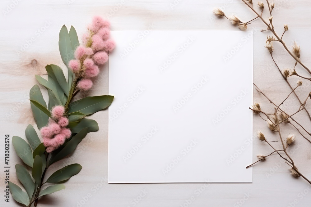 minimal spring flowers and eucalyptus with empty white paper mock up template