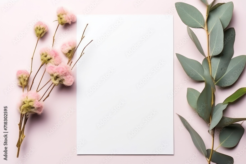 minimal spring flowers and eucalyptus with empty white paper mock up template - obrazy, fototapety, plakaty 