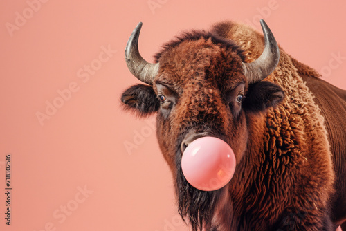 Bison blowing bubble gum. AI generative art photo
