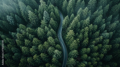 Aerial top view, mountaint road in dark green forest, © Khalif