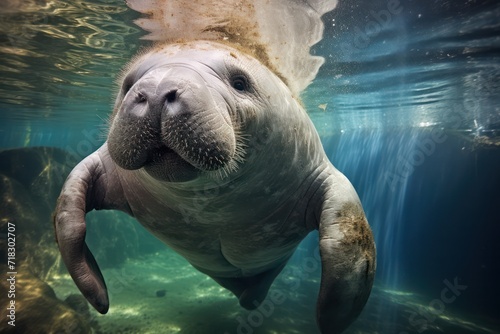 manatee animal or sea cow swimming underwater closeup