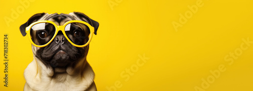 cute funny pug dog or puppy in glasses on yellow background banner copy space right