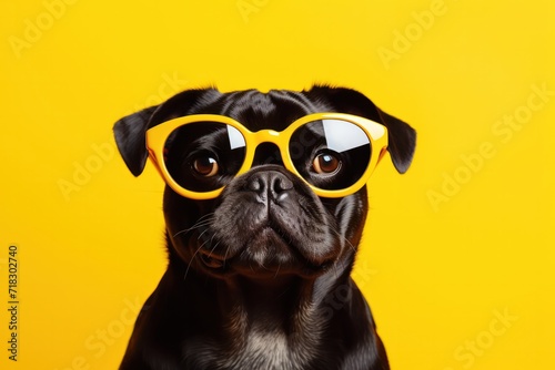 cute funny pug dog or puppy in glasses on yellow background copy space left