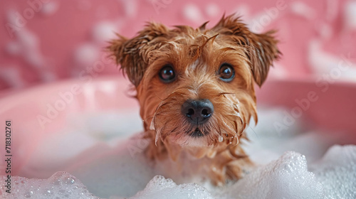 Pomeranian dog bathing in pink bathtub at home, work from home, take care your pet at house, spa for animal by myself concept, funny face dog ear up look forward